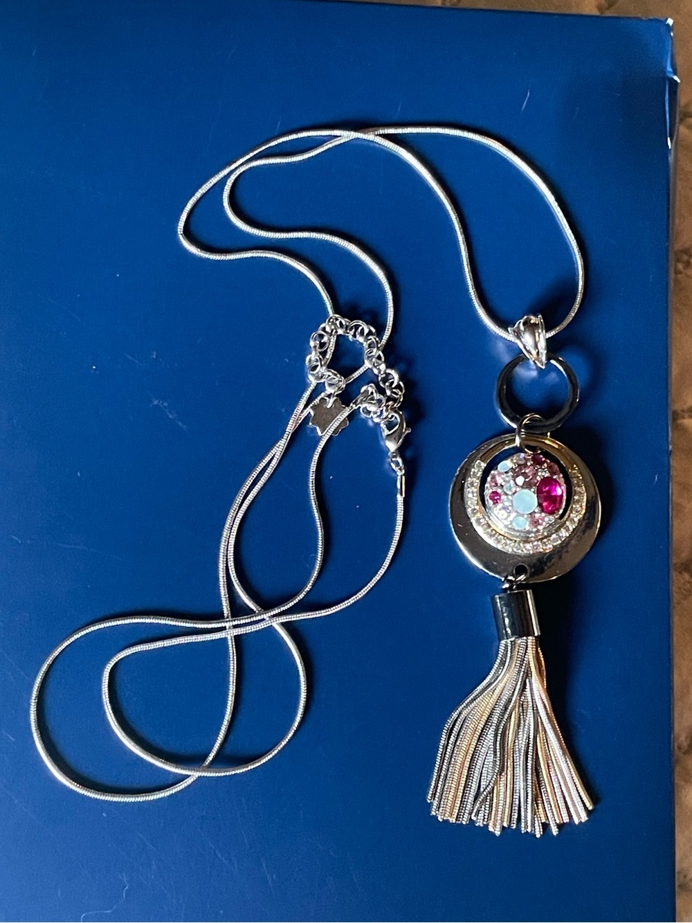 Silver Tassel Necklace with Pink and Clear Crystal Accent